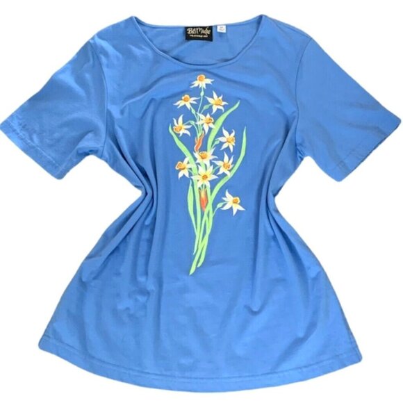 Bob Mackie Embroidered Daffodil Short Sleeve Tee Top Blue Sz M #303G - Picture 2 of 6